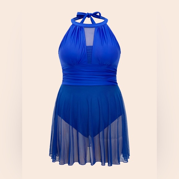 BLOOMCHIC 16 1x plus blue halter sheer insert one piece swimsuit worn once - Picture 1 of 4
